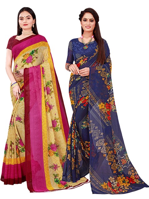 

Florence Beige & Navy Blue Floral Pack Of 2 Pure Georgette Saree