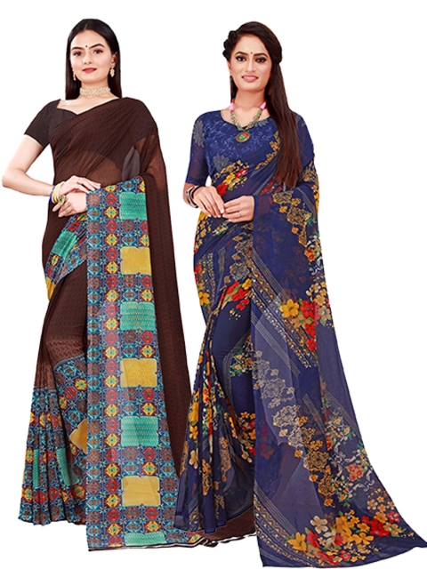 

Florence Brown & Navy Blue Floral Pack Of 2 Pure Georgette Saree