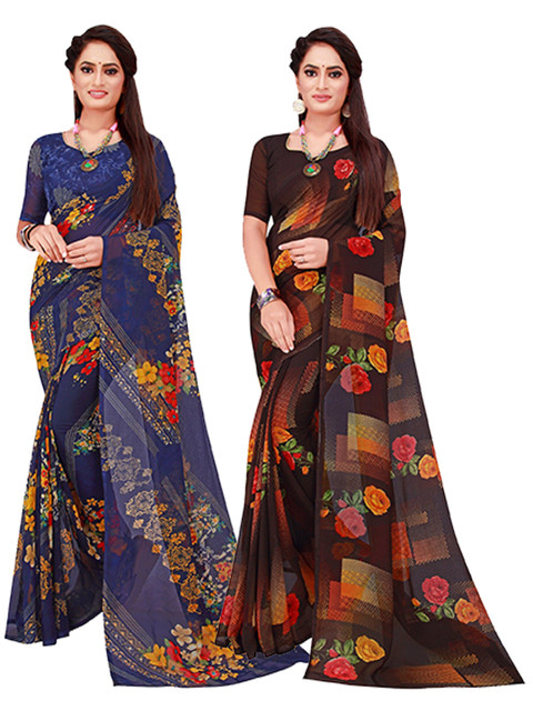 

Florence Navy Blue & Black Floral Pack Of 2 Pure Georgette Saree