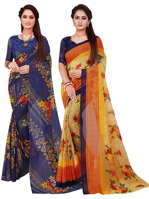 

Florence Navy Blue & Beige Floral Pack Of 2 Pure Georgette Saree