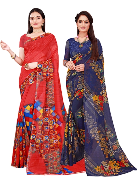 

Florence Red & Navy Blue Floral Pack of 2 Pure Georgette Saree