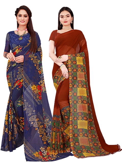 

Florence Navy Blue & Maroon Floral Pack of 2 Pure Georgette Saree