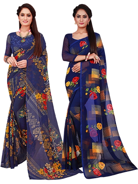 

Florence Navy Blue & Red Floral Pack of 2 Pure Georgette Saree