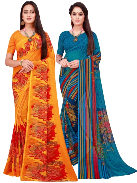 

KALINI Orange & Blue Geometric Pack of 2 Pure Georgette Saree