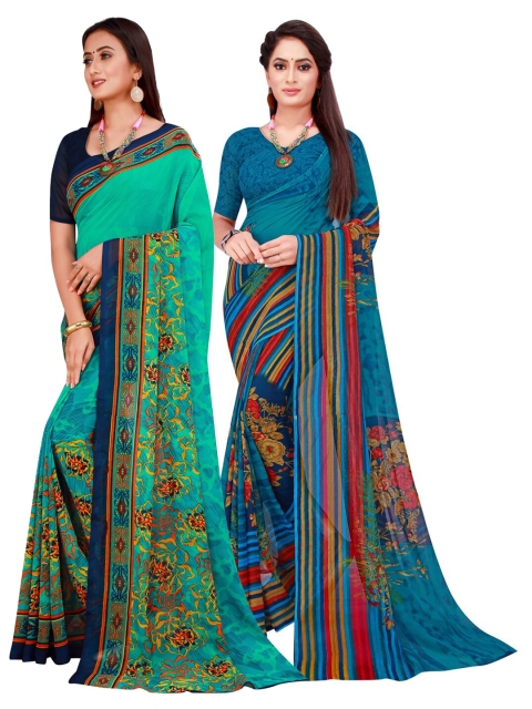 

KALINI Green & Blue Geometric Pack of 2 Pure Georgette Saree