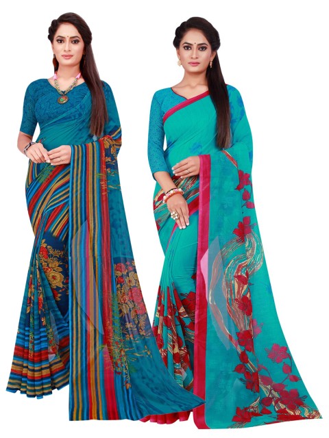 

KALINI Turquoise Blue & Blue Floral Pack of 2 Pure Georgette Saree