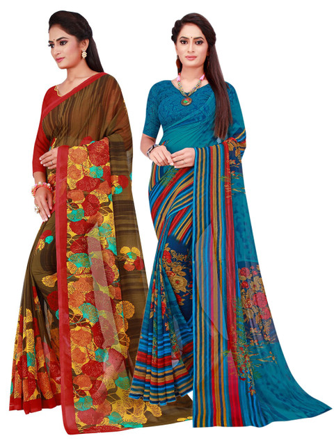

KALINI Turquoise Blue & Red Geometric Printed Pack of 2 Pure Georgette Saree