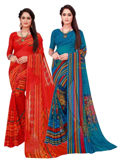 

KALINI Red & Blue Floral Pack of 2 Pure Georgette Saree