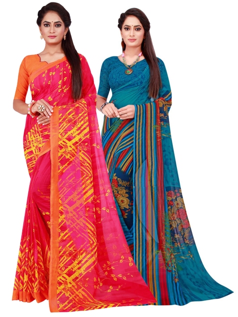 

KALINI Turquoise Blue & Magenta Geometric Printed Pack of 2 Pure Georgette Saree