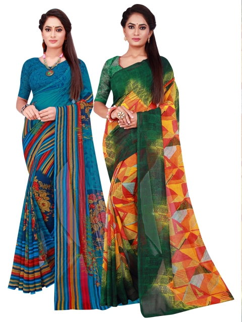 

KALINI Turquoise Blue & Yellow Geometric Printed Pack of 2 Pure Georgette Saree
