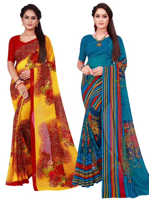 

KALINI Maroon & Blue Floral Pack of 2 Pure Georgette Saree