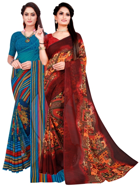 

KALINI Blue & Brown Geometric Pack of 2 Pure Georgette Saree