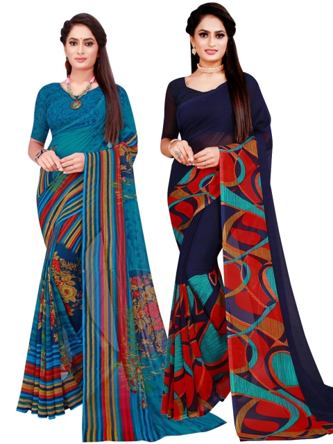 

KALINI Navy Blue & Blue Floral Pack of 2 Pure Georgette Saree