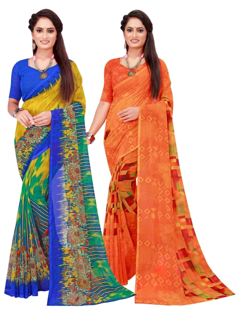

KALINI Orange & Multicoloured Pack Of 2 Pure Georgette Sarees
