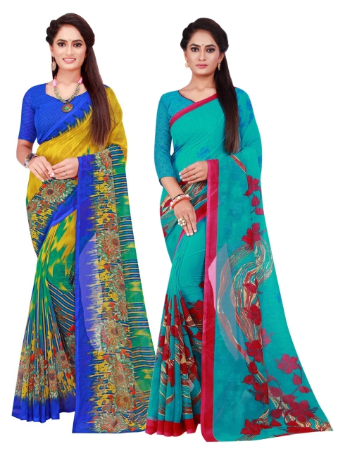 

KALINI Turquoise Blue & Multicoloured Floral Pack Of 2 Pure Georgette Sarees