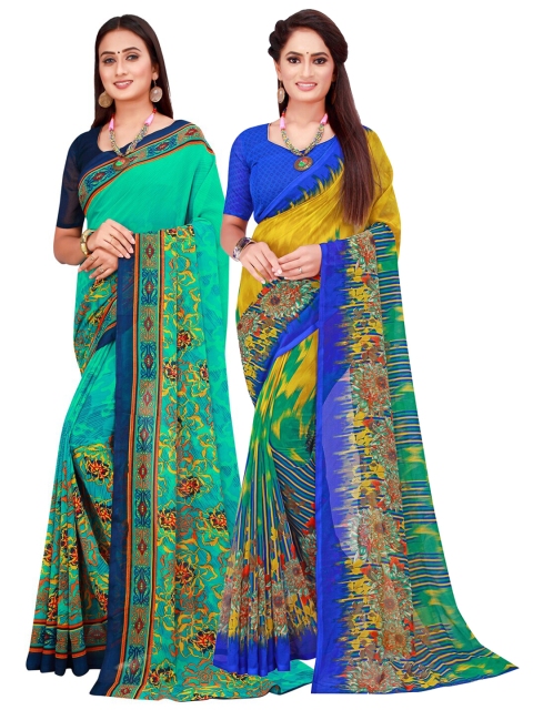 

KALINI Green & Multicoloured Floral Pack Of 2 Pure Georgette Sarees