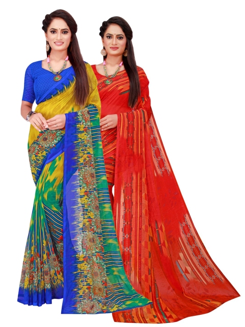 

KALINI Red & Multicoloured Floral Pack of 2 Pure Georgette Sarees