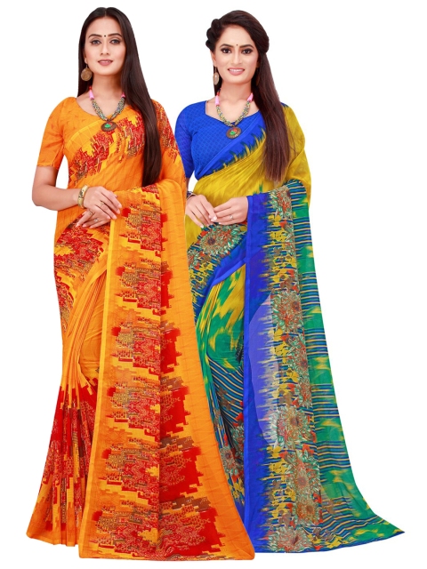 

KALINI Orange & Multicoloured Pack Of 2 Pure Georgette Sarees