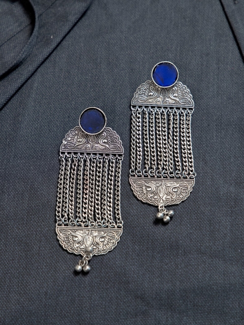 

creyons by mansi Silver-Toned & Blue Geometric Drop Earrings