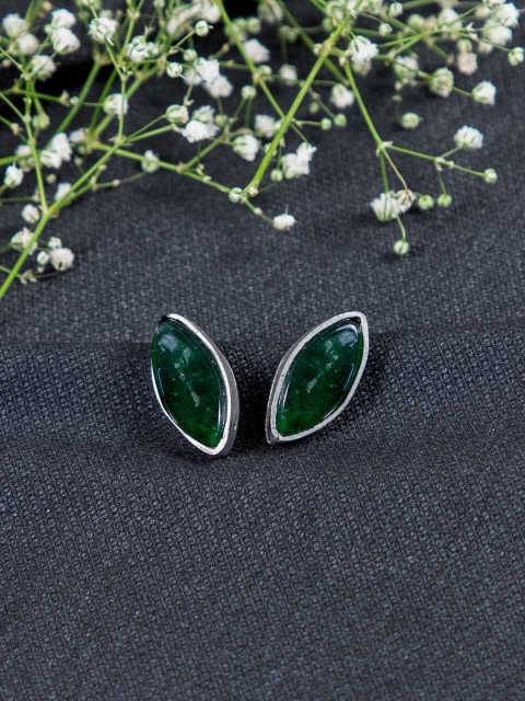 

creyons by mansi Silver-Toned & Green Oval Studs Earrings