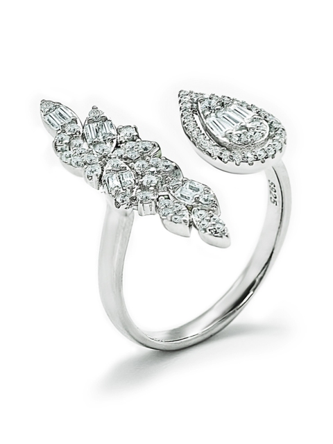 

SILBERRY Silver-Plated CZ Stone-Studded 925 Sterling Silver Glamorous Adjustable Ring