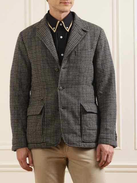 

HACKETT LONDON Men Navy Blue Checked Single-Breasted Formal Blazer