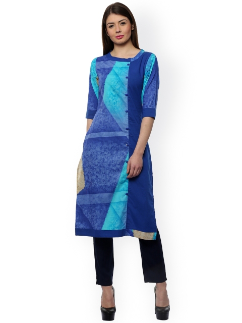 

Laabha Women Blue Block Print Straight Kurta