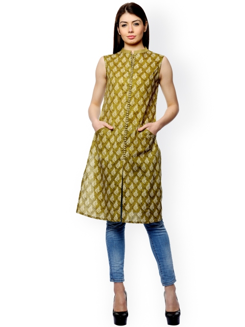 

Laabha Women Olive Green Block Print Straight Kurta