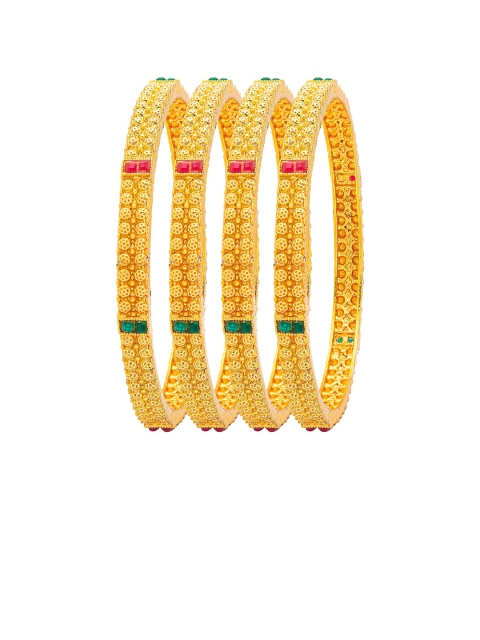 

Shining Jewel - By Shivansh Set of 4 22K Gold-Plated Green & Red Stone Studded Kada Bangles