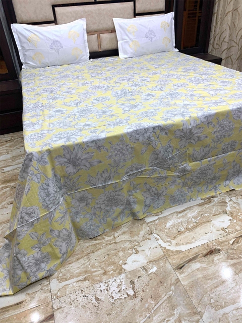 

Pure Decor Yellow & Grey Floral 400 TC King Bedsheet with 2 Pillow Covers