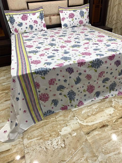 Pure Decor White & Pink Floral 400 TC King Bedsheet with 2 Pillow Covers