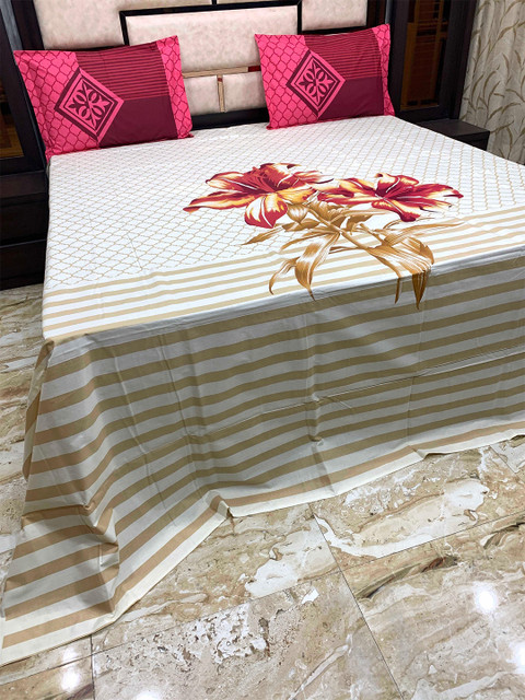 

Pure Decor Red & White Floral 400 TC King Bedsheet with 2 Pillow Covers