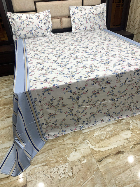 

Pure Decor Blue & White Floral 400 TC King Bedsheet with 2 Pillow Covers