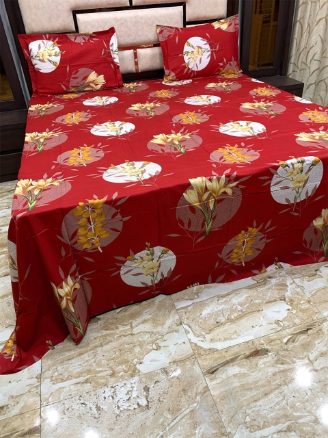 Pure Decor Red & Yellow Floral 400 TC King Bedsheet with 2 Pillow Covers
