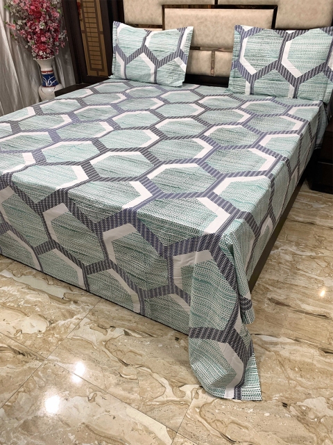 

Pure Decor Green & Grey Geometric 400 TC King Bedsheet with 2 Pillow Covers