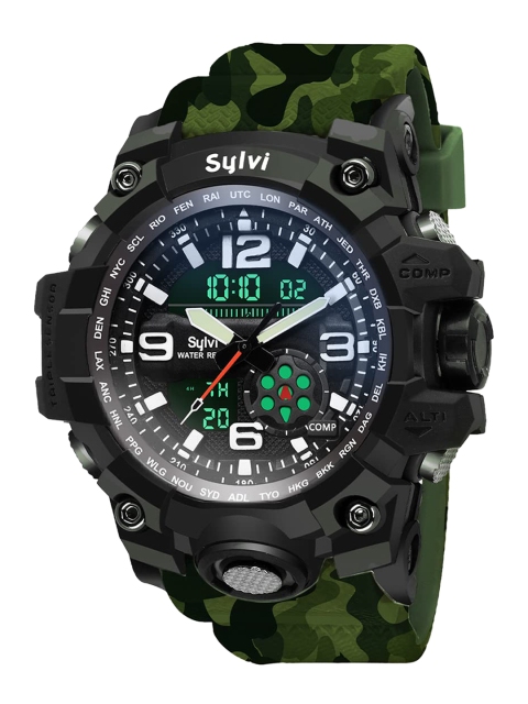 

Sylvi Men Black Dial & Green Straps Multi Function Analogue Watch