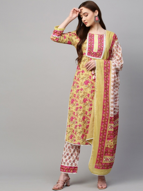

FASHOR Women Yellow Pleated Mirror Work Pure Cotton Kurta with Skirt & With Dupatta