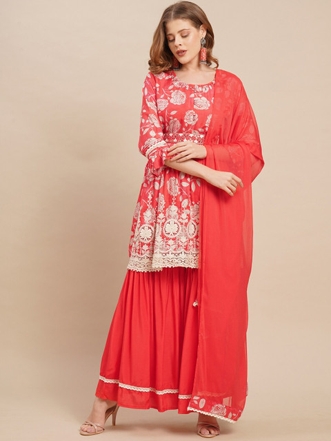 

FASHOR Women Red Floral Printed Pleated Kurta with Palazzos & With Dupatta