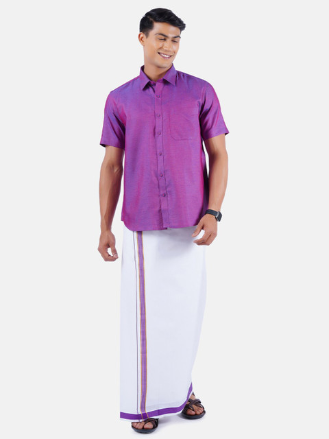 

Ramraj Men Purple & White Shirt with Dhoti Pants