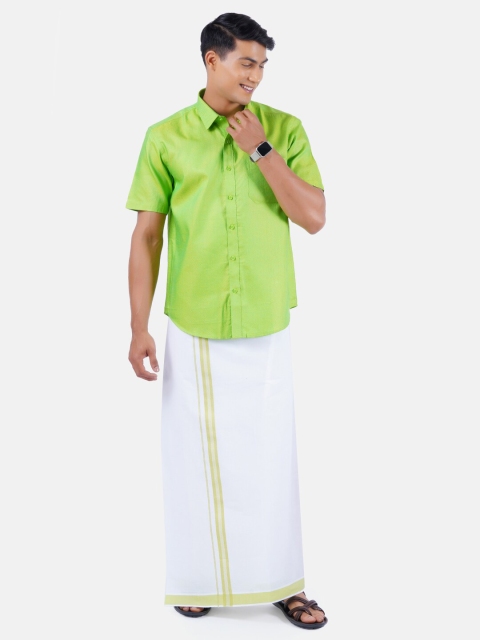 

Ramraj Men Lime Green & White Shirt with Dhoti Pants