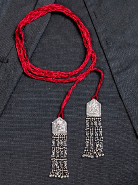 

creyons by mansi Red & Silver-Toned Embellished Stole Handcrafted Necklace