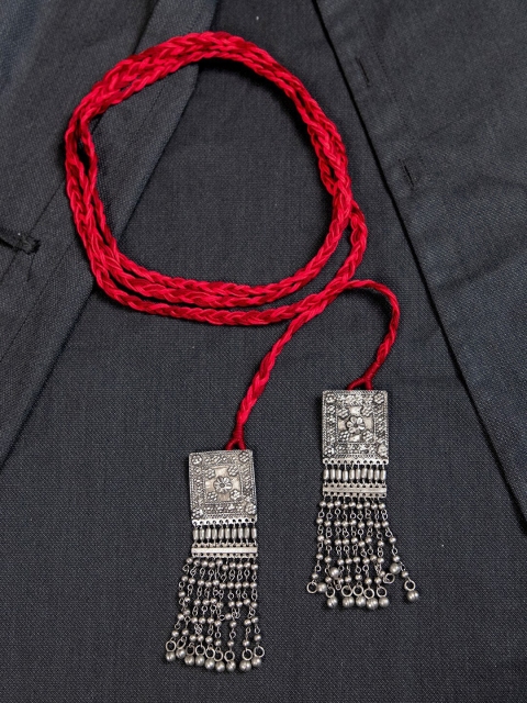 

creyons by mansi Red & Silver-Toned Embellished Stole Handcrafted Necklace