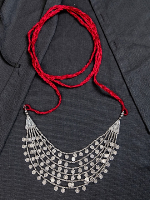 

creyons by mansi Red & Silver-Toned Embellished Stole Handcrafted Necklace