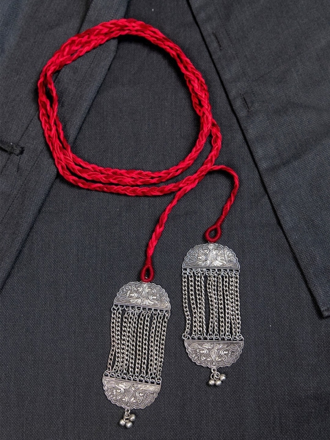 

creyons by mansi Red & Silver-Toned Embellished Stole Handcrafted Necklace