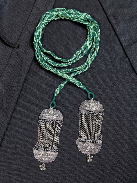 

creyons by mansi Green & Silver-Toned Embellished Stole Handcrafted Necklace