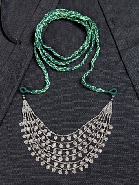 

creyons by mansi Green & Silver-Toned Embellished Stole Handcrafted Necklace