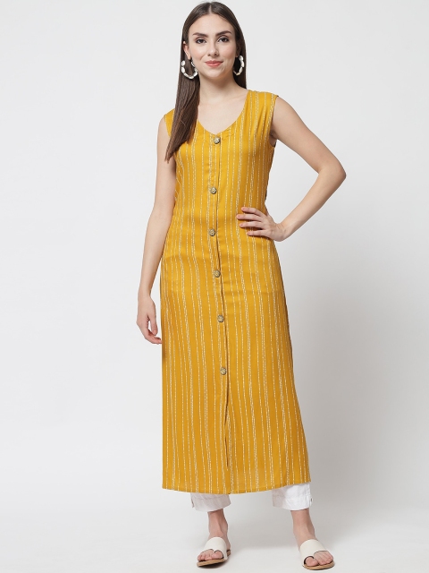 

Pankvi Women Mustard Yellow Striped Straight Kurta