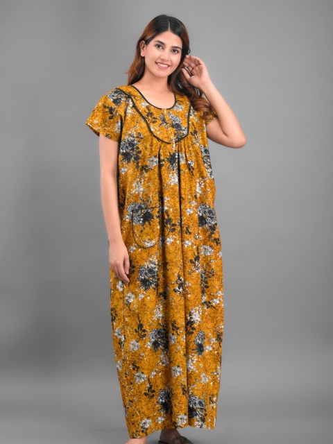 

Apratim Women Mustard Printed Cotton Maxi Nightdress
