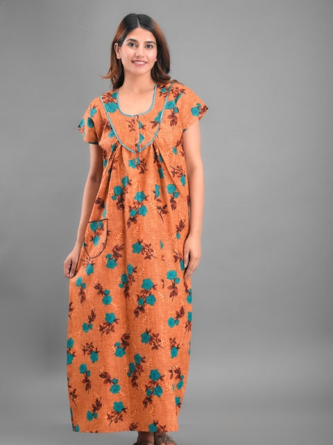 

Apratim Women Rust Printed Cotton Maxi Nightdress