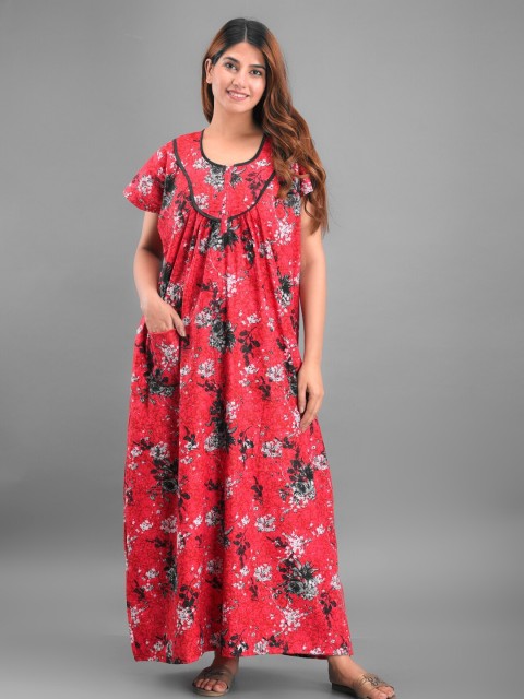 

Apratim Women Red Printed Cotton Maxi Nightdress